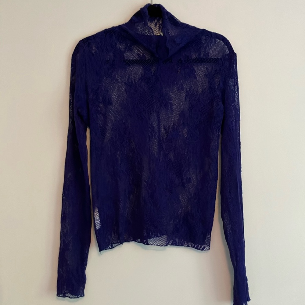 Free People Sheer Lace Long Sleeve Top in Deep Navy